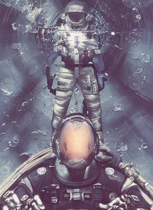 Image similar to astronauts in dark void underwater - complex and hyperdetailed technical suit. reflection and dispersion materials. rays and dispersion of light. volumetric light. f / 3 2. noise film photo. flash photography. ultra realistic, wide angle. poster by wayne barlowe, hajime sorayama aaron horkey, craig mullins