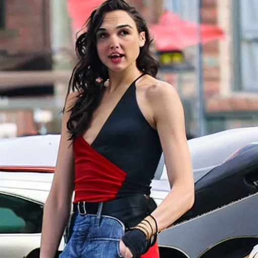 Image similar to Photo of Gal Gadot wearing a red swingswit,