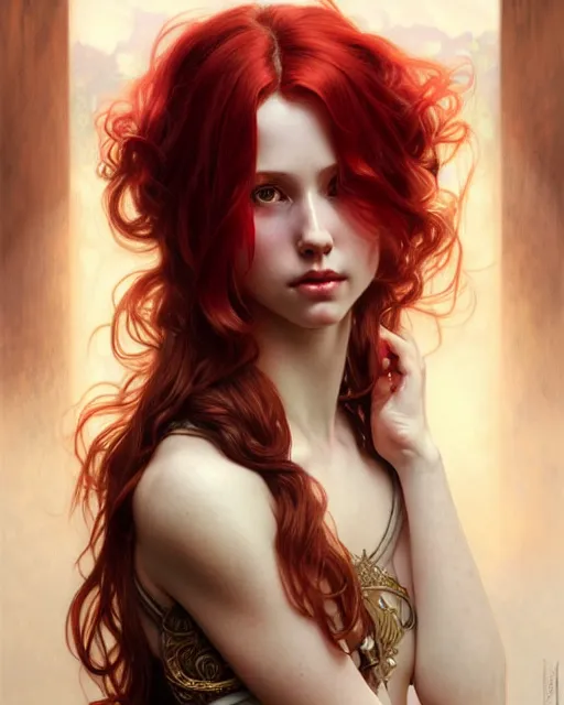 Prompt: a girl with medium length wavy red hair, septum piercing, fantasy character portrait, ultra realistic, intricate, elegant, highly detailed, digital painting, artstaion, smooth, sharp, focus, illustration, art by artgerm and greg rutkowski and alphonse mucha