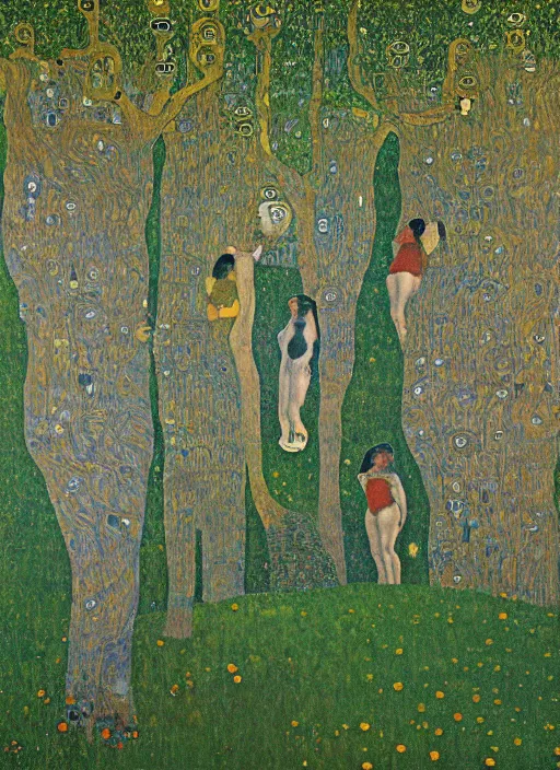 Prompt: a landscape painting of a cognitive optical illusion of trees, with four people who are trees in the foreground making extreme dynamic poses painted by gustav klimt