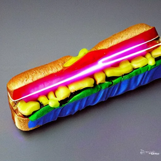 Prompt: an extremely high quality photo of a surreal neon-lightsaber-topaz-sandwich, the polymer clay ((sandwich)) creation, a hybrid mixture of sandwichopallightsaberrainbow and opalrainbowtopazlightsabers, promotional photo, 4k polymer clay food photography