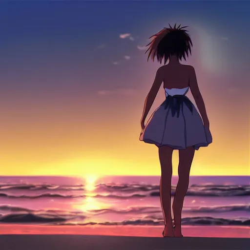 Prompt: woman looking at the sea on the beach during sunset, realistic shaded, highly detailed, anime, realistic, by hayao miyazaki