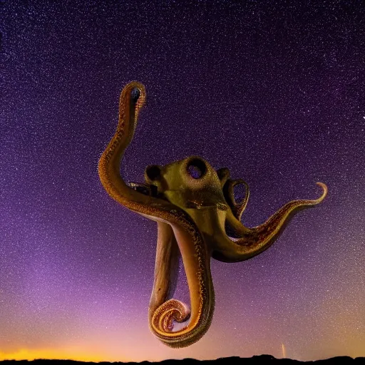 Image similar to a giant octopus made of star dust in floating among the galaxies of the milky way, night sky photography, geo