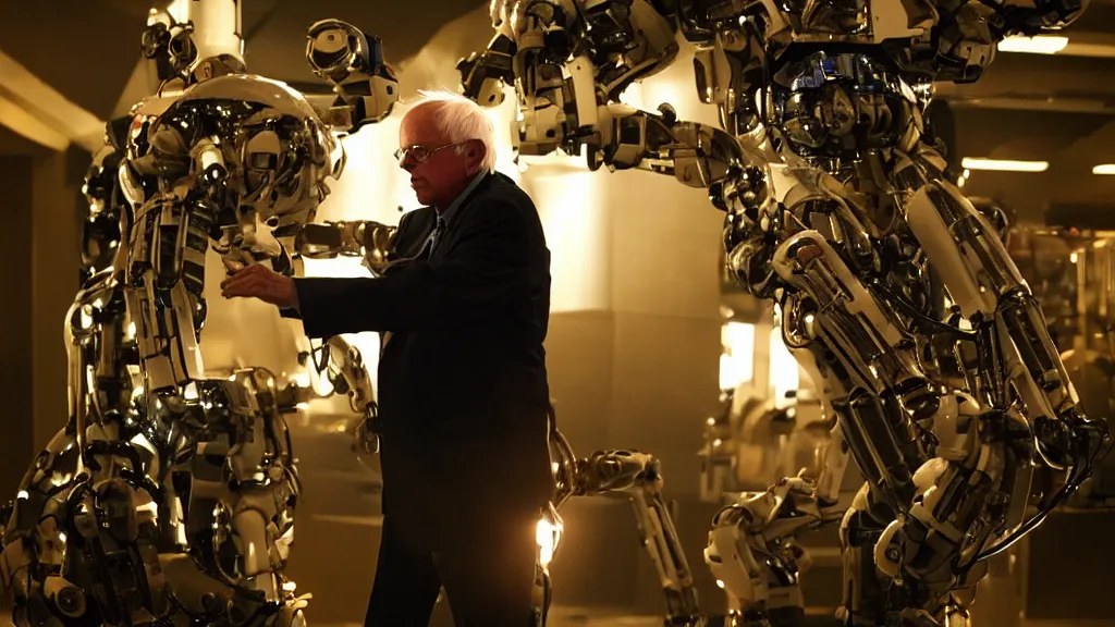 Image similar to bernie sanders putting the finishing touches on a complex magical clockwork doomsday robot, cinematic moody lighting, sharp focus, imax