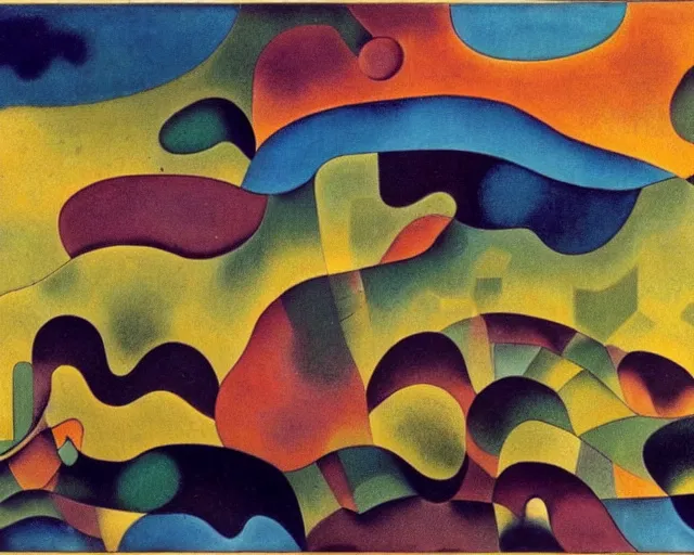 Image similar to A wild, insane, modernist landscape painting. Wild energy patterns rippling in all directions. Curves, organic, zig-zags. Saturated color. Mountains. Clouds. Rushing water. Waves. Sci-fi dream world. Kandinsky. Yves Tanguy. Paul Klee.
