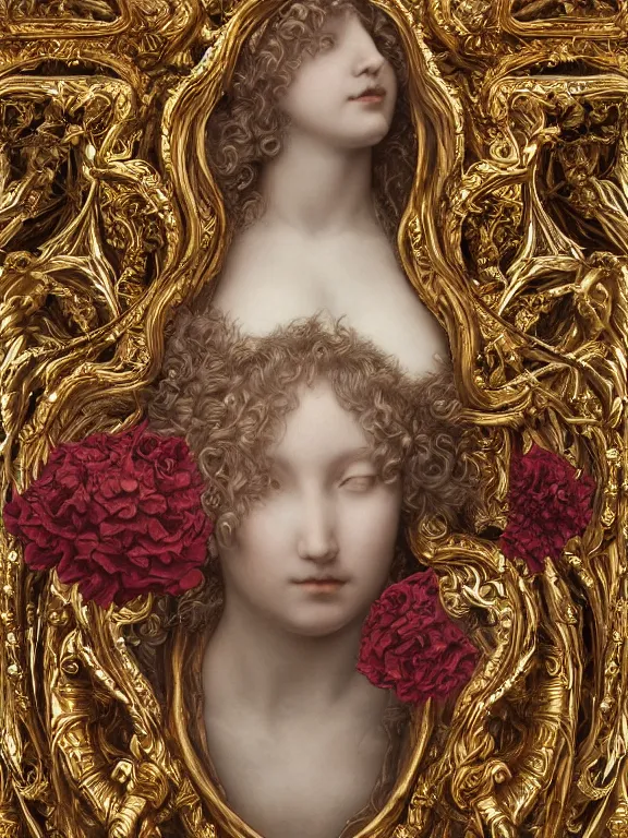 Image similar to a beautiful render of catholic rococo roses veiled red queen sculpture with symmetry intricate detailed,by Edward Burne-Jones and Lawrence Alma-Tadema and aaron horkey and NekroXIII and Billelis and peter gric,Trending on artstation,ZBrush,maximalist,glittering,gold,silver,ivory,hyperreal,golden ratio,cinematic lighting