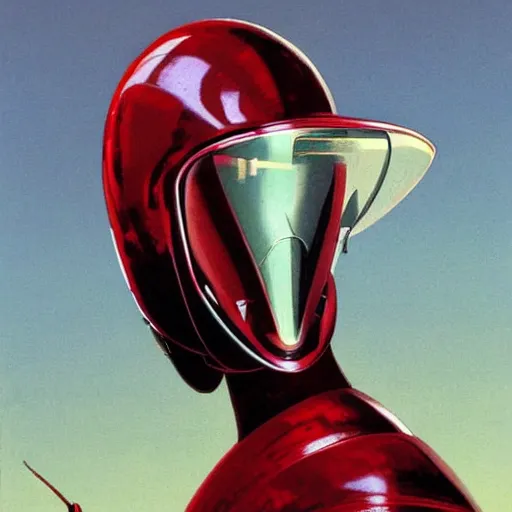 Prompt: self portrait of a humanoid ant with a helmet in the shape of pincers. Red and black body armor, digital art, realistic, ultradetailed, concept art in the style of Science Fiction. art by Syd Mead and Moebius, trending on artstation, devianart, cgsociety