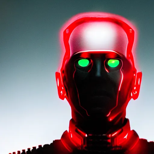 Prompt: cinematic portrait of joe biden with glowing red eyes wearing futuristic armor, black background, dramatic,