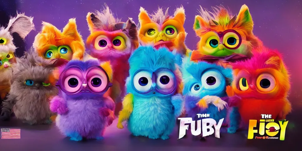 Prompt: Live actios furby movie, the furbys are too damn high, trending on Artstation, 8K, ultra wide angle, pincushion lens effect