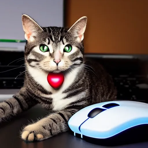 Image similar to robotic cat holding a computer mouse in his mouth