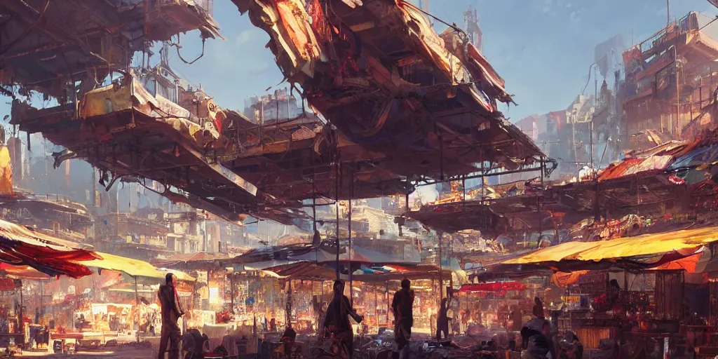 Prompt: screenshot of a vibrant marketplace in a massive makeshift city, dappled light, colossal arcing metal structures high in the sky, beautiful, awe inspiring, fps, by greg rutkowski, sparth, cinematography, cinematic masterpiece