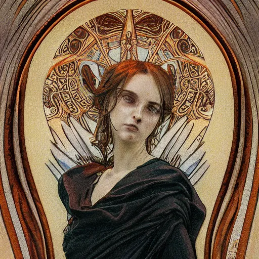 Image similar to hyperrealistic detailed portrait of a seraphim from layers of fear in the style of gothic and mucha sharp focus 8 k