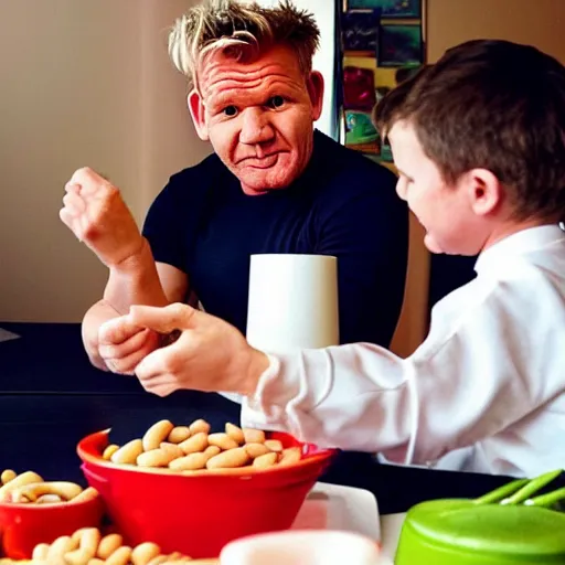 Image similar to Gordon Ramsay eating beans, while children point and laugh at him, bullying, cruel kids