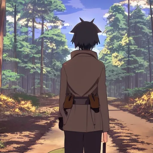 Image similar to Kino from Kino's Journey walking through the forest, golden hour, sunbeams, anime
