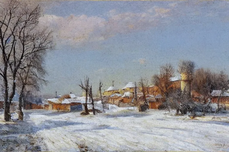 Image similar to russian village in spring with snow and mud, in style of Savrasov,