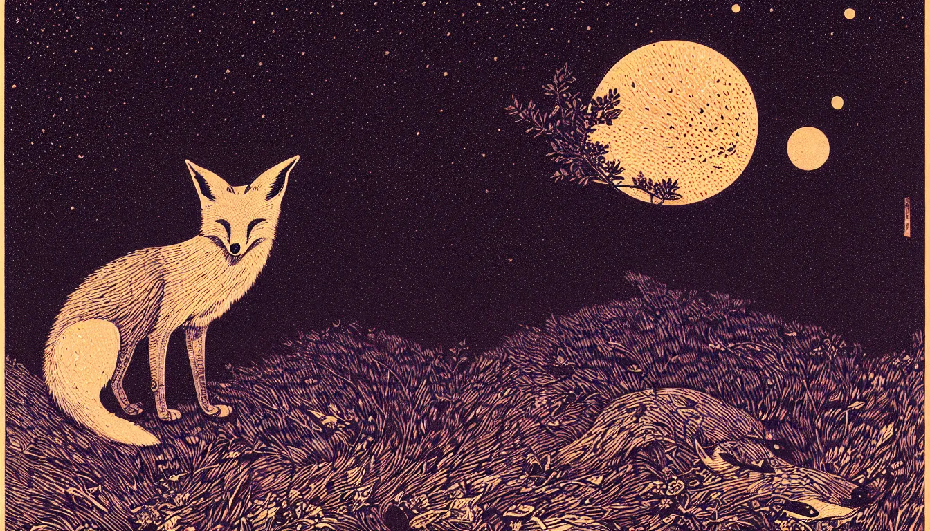 Image similar to fox gazing at the night sky by woodblock print, nicolas delort, moebius, victo ngai, josan gonzalez, kilian eng