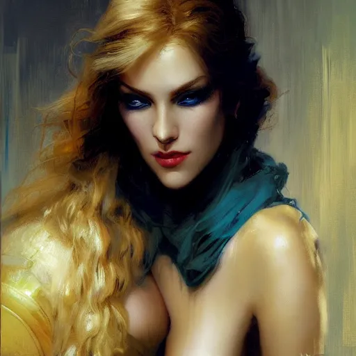 Image similar to detailed cinematic wide shot of beautiful attractive blonde vampire woman slim face symettrical face clean skin blue eyes black robe smooth, sharp focus, ultra realistic, spring light, painting by gaston bussiere, craig mullins, j. c. leyendecker