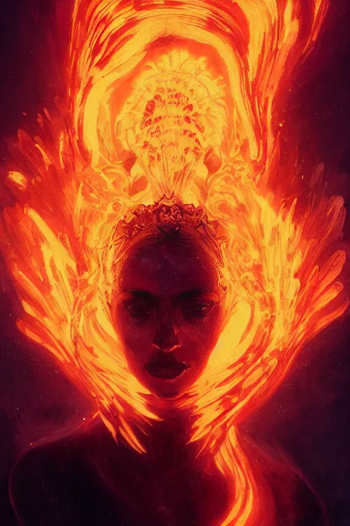 Image similar to a head and shoulder portrait of a goddess women engulfed in deep coloured flames by Greg Rutkowski, Sung Choi, Mitchell Mohrhauser, Maciej Kuciara, Johnson Ting, Maxim Verehin, Peter Konig, Bloodborne , 8k photorealistic, cinematic lighting, HD, high details, atmospheric , trending on artstation