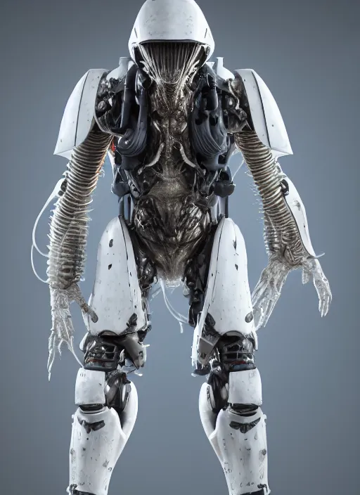 Image similar to a photorealistic dramatic hyperrealistic render of a predator the alien hunter exosuit in white bone armor, ultra realistic details, well worn by paul dave malla, cedric seaut from artstation, beautiful dramatic dark moody tones and lighting, cinematic atmosphere, studio lighting, global illumination, shadows, dark background, concept design art octane render, 8 k