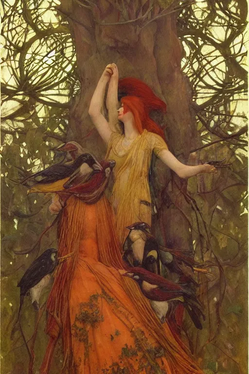 Image similar to the queen of the forest with her birds, by Annie Swynnerton and jean delville and Nicholas Roerich, elaborately costumed, rich color, dramatic cinematic lighting, smooth, sharp focus, extremely detailed, featured on artstation