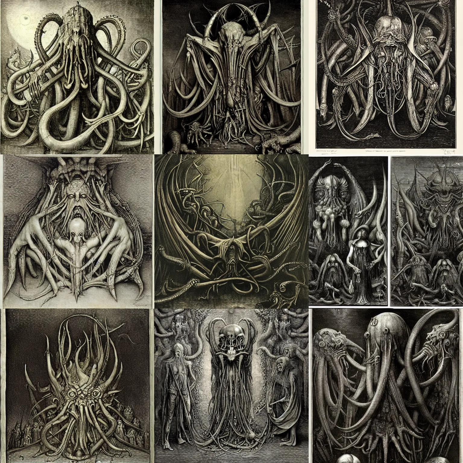 Prompt: cthulhu hieronymus bosch gustave dore h r giger