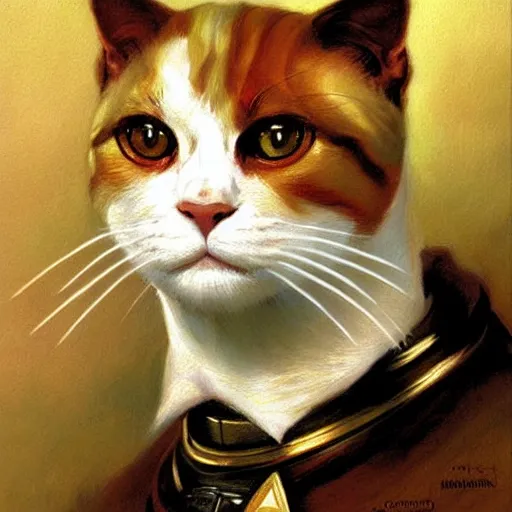 Image similar to a portrait of a manly humanoid white cat feline, blue eyes, star trek the next generation. highly detailed painting by gaston bussiere, craig mullins, j. c. leyendecker, furry