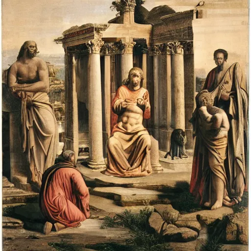 Image similar to the birth of jesus christ depicted inside the roman forum, julius caesar in the centre holding baby jesus