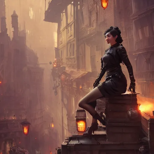 Image similar to a photograph of an attractive women in a steampunk city by greg rutkowski, sung choi, mitchell mohrhauser, maciej kuciara, johnson ting, maxim verehin, peter konig, 8 k photorealistic, cinematic lighting, hd, high details, dramatic, dark atmosphere, trending on artstation