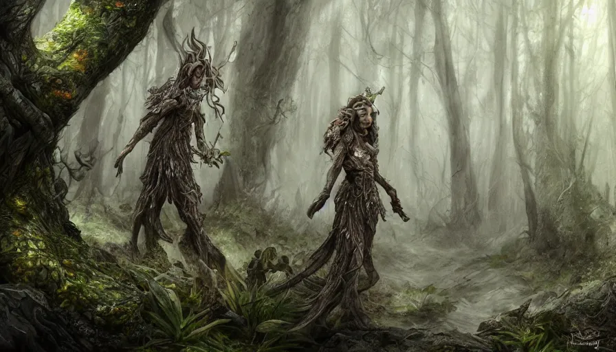 Prompt: high definition charcoal watercolor fantasy character art, hyper realistic, hyperrealism, luminous water elemental, snake skin armor forest dryad, woody foliage, 8 k dop dof hdr fantasy character art, by aleski briclot and alexander'hollllow'fedosav and laura zalenga