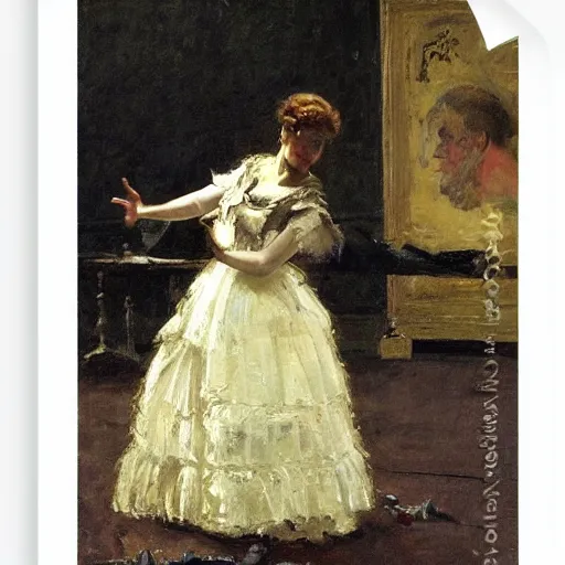 Image similar to actress rehearsing an action scene on stage by alfred stevens