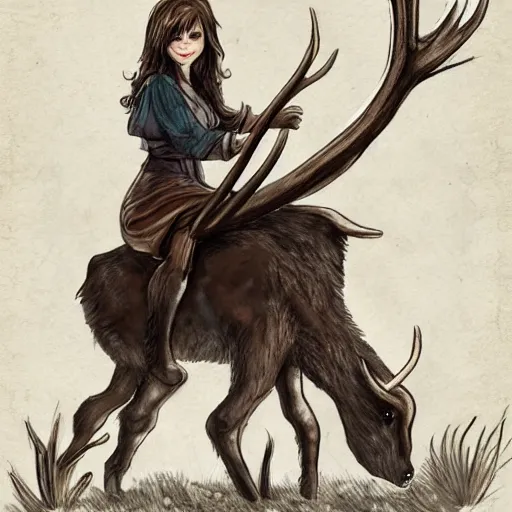 Image similar to girl in a dress riding a giant elk, trending on art station