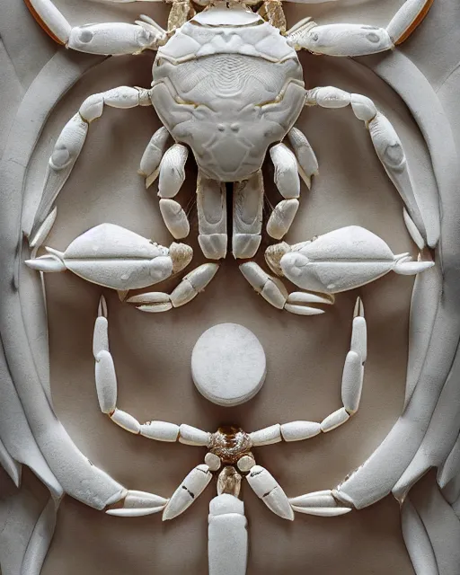 Prompt: symmetry, white marble, white marble bas relief sculpture, white and gold kintsugi, feminine shapes, crabs, spiders, scorpions, tarantulas, stunning, art by hr geiger and ridley scott, highly detailed, intricately detailed, octane, 8 k, trending on artstation