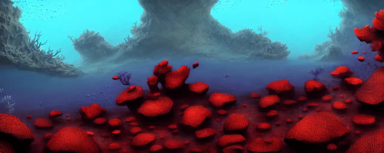 Image similar to A gorgeous detailed oil of a dark red sea covered in big blue steep rocks, a school of piranhas underwater, the further away the mistier it gets, surreal, concept art, dark aesthetic, atmospheric, moody, hyperrealism, highly detailed, masterpiece, award winning, 4k, unreal engine