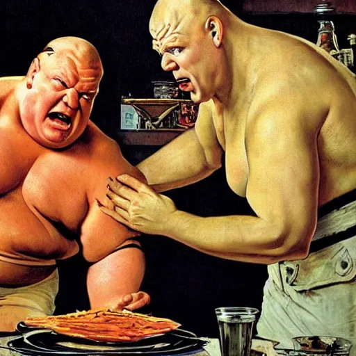 Image similar to brock lesnar as baron harkonnen is dismayed to find no option for oil on the menu, painted by norman rockwell and tom lovell and frank schoonover