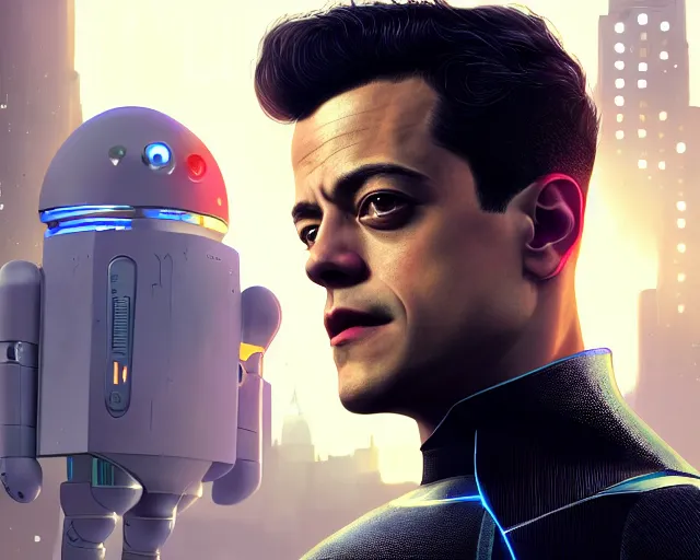 Prompt: highly detailed portrait of rami malek as an android, in detroit : become human, stephen bliss, unreal engine, fantasy art by greg rutkowski, loish, rhads, ferdinand knab, makoto shinkai and lois van baarle, ilya kuvshinov, rossdraws, tom bagshaw, global illumination, radiant light, detailed and intricate environment