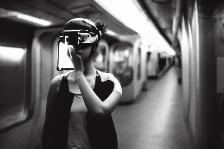 Image similar to girl wearing futuristic augmented reality headset in a subway, richard avedon, tri - x pan, ominous lighting