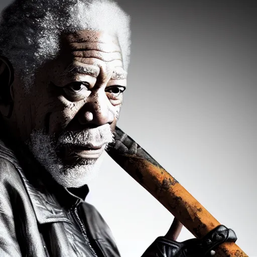 Image similar to photo of Morgan Freeman dressed as Negan, mischievous look with his barbed baseball bat Lucille, in the style of George Hurrell, white fog, octane render