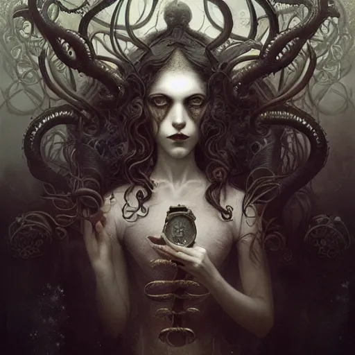 Prompt: curiosities carnival in wonderland, soft paint of a single elegant sorceress, symmetry accurate features, horror, tentacles, darkness, fog, focus, very intricate ultrafine details, award winning masterpiece, tom bagshaw artstyle