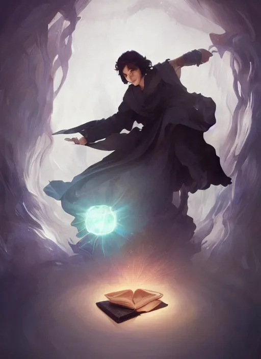 Image similar to character concept portrait of an attractive young Spanish wizard conjuring a violent void spell, a floating iridescent spell book in the center, intricate, elegant, digital painting, concept art, smooth, sharp focus, illustration, from Metal Gear, by Ruan Jia and Mandy Jurgens and William-Adolphe Bouguereau, Artgerm