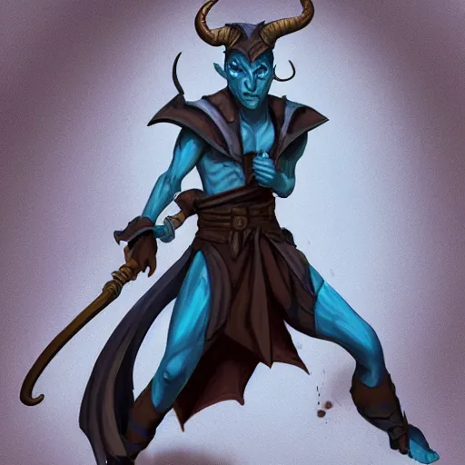 Image similar to D&D character concept art of a tiefling, tiefling rogue, blue skin color with short horns and a devil tail, casual pose of a Rogue holding daggers, full body pose, soft colors, fantasy, intricate, elegant, highly detailed, digital painting, artstation, concept art, smooth, sharp focus, illustration, wide angle shot, full body visible, art by artgerm and H R Giger and alphonse mucha