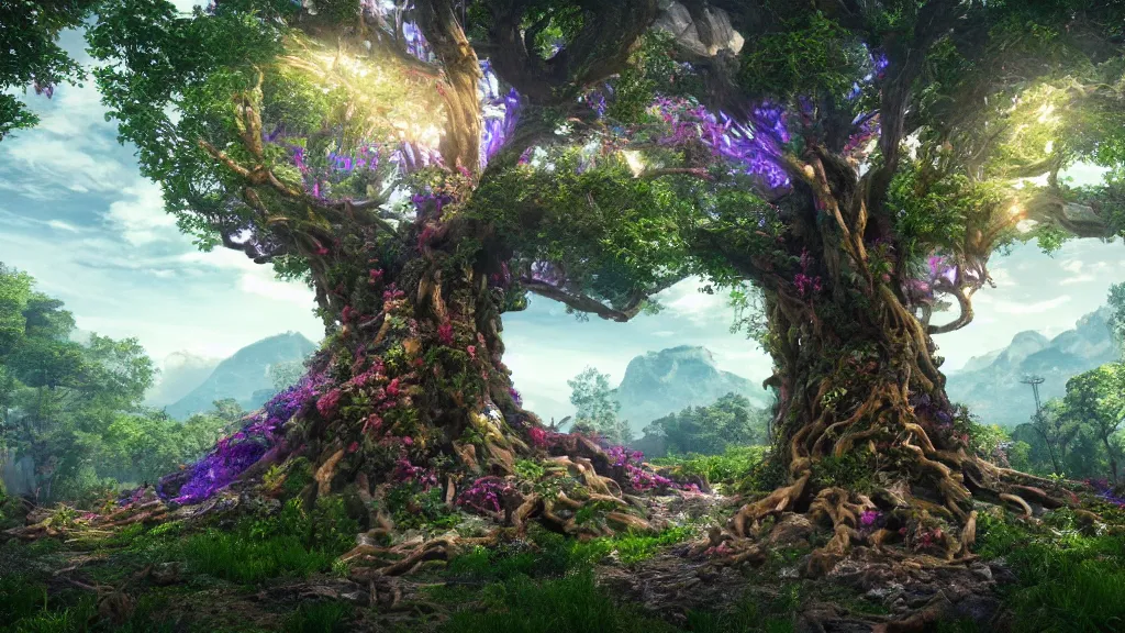 Image similar to 3d rendering of fantasy tree of life in garden of eden, hd, hdr, unreal engine 5, cinematic 4k wallpaper, 8k, ultra detailed, high resolution, artstation