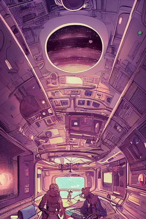 Image similar to Inside a room alien spaceship with large window that provide a scenic view of a huge planet can be seen in the background, Highly detailed labeled, poster, aesthetic, haeccety by Feng Zhu and Loish and Laurie Greasley