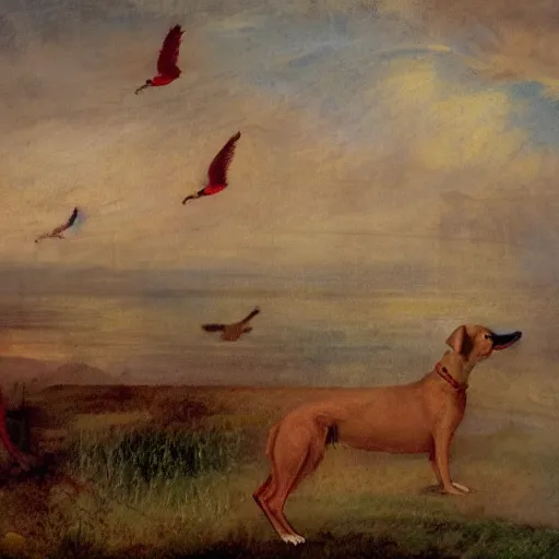 Image similar to A red dog sitting in the middle with red squares floating. Ducks flying in the background. in the art style of William Turner. Dramatic, high resolution.