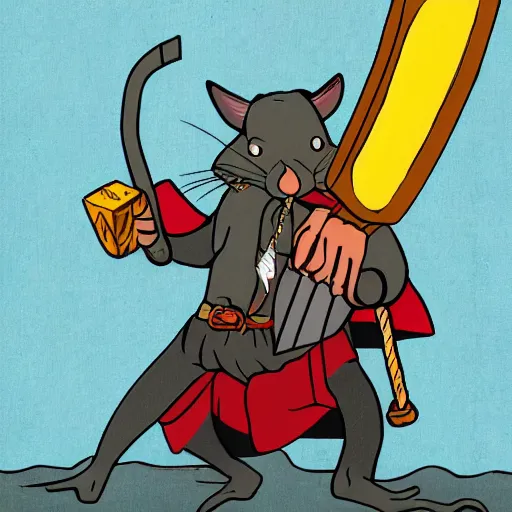 Image similar to the rat thor ~ holding his hammer ~ dramatic thunder background ~ fighting scene ~