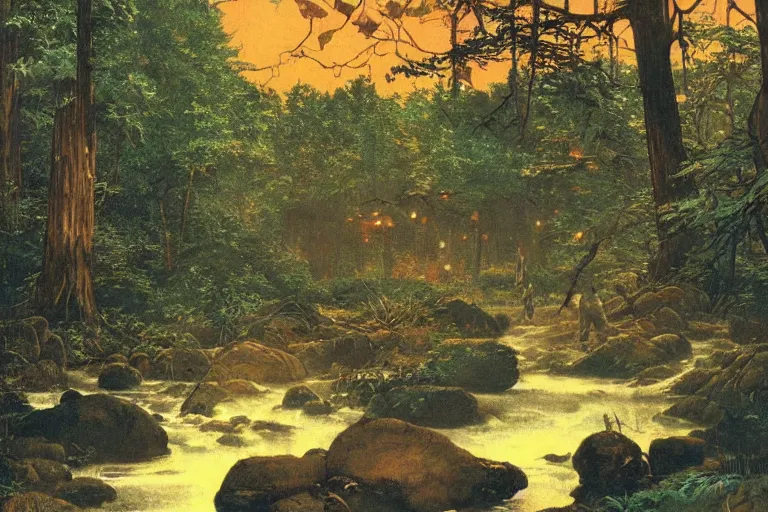 Prompt: a scenic view of a phatom flowing in the middle of a magical forest at night, detailed, cinematic, dramatic scene, retro illustration by Norman Rockwell.