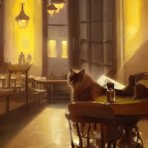 Image similar to brown cat with yellow eyes is sitting at table in a cafe at paris in early 2 0 th century. atmospheric feeling, warm colours, brown colours, yellow colours, epic scene, cinematic, very detailed, concept art, trending on artstation