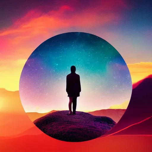 Image similar to A picture of a planet of various colors and plants, in which the human figure is dressed in something magical and impressive, inside the picture is infinity, sunset light, Atmospheric phenomenon, artistic photography, muted colors, conceptual