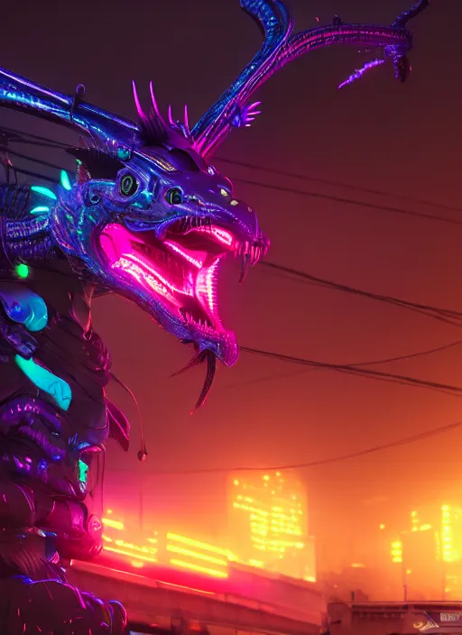 Image similar to cyberpunk neon dragon in night city, ultra detailed, trending on artstation, concept art, octane render, unreal engine,