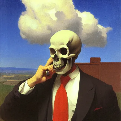 Image similar to a portrait painting of a man in a suit with a skull as his head smoking a cigarette, head is surrounded by clouds, in the style of Edward Hopper and William Adolphe Bouguereau, 4k,