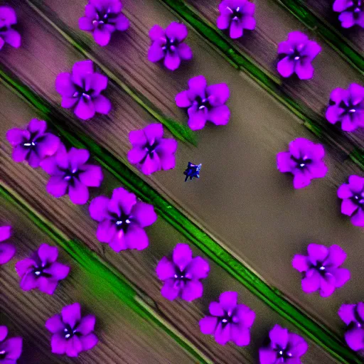 Image similar to closeup photo of single petal of purple flowers flying above a city, aerial view, shallow depth of field, cinematic, 8 0 mm, f 1. 8